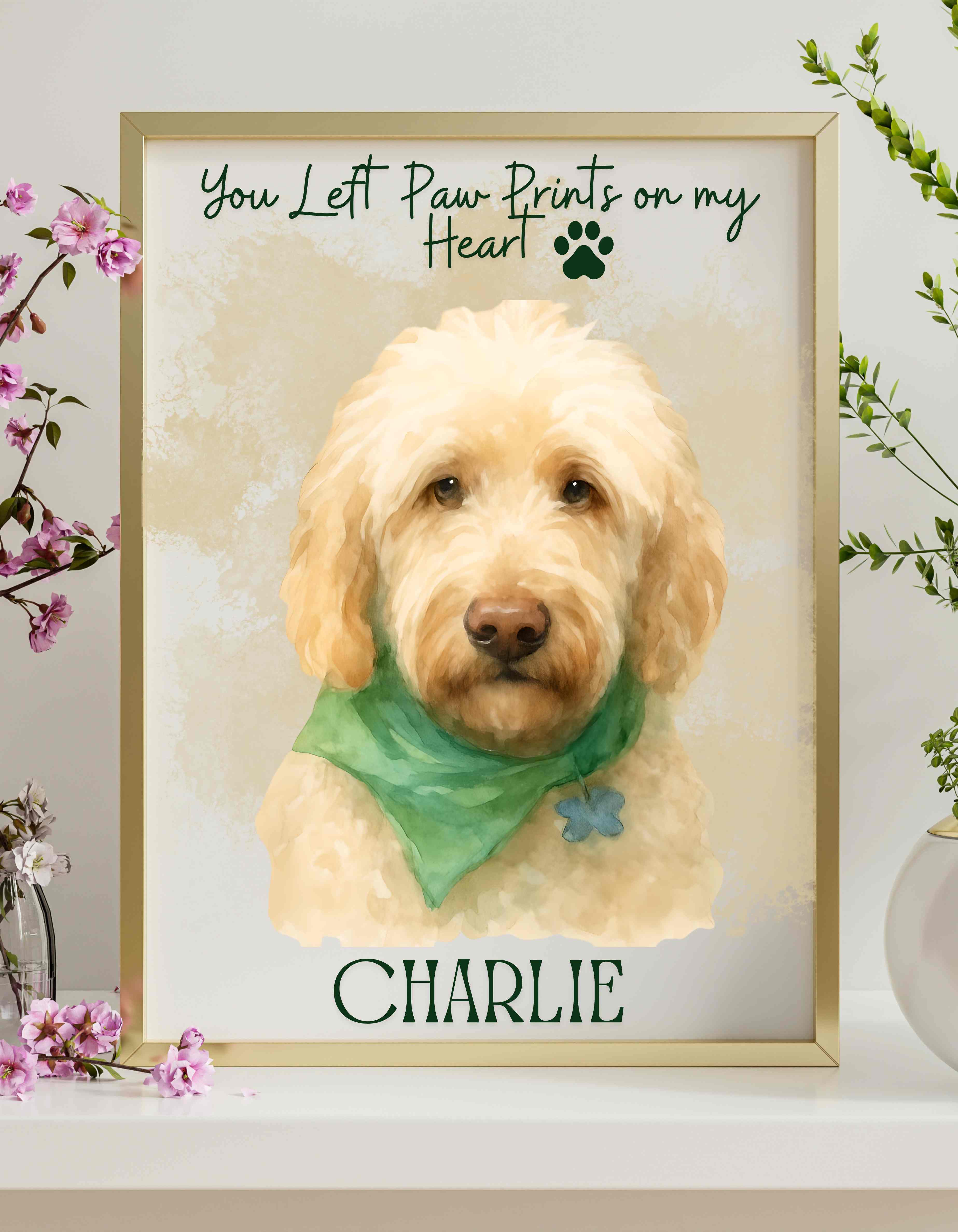 Framed custom pet portrait print from the Peachy Mama Studios Etsy shop